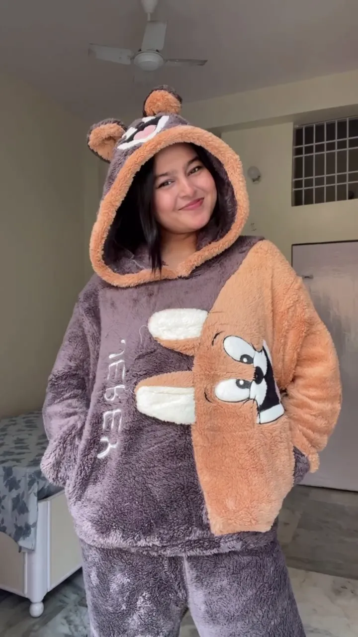 Brown & Beige Ultra‑Plush Cartoon Character Hoodie with Ears and Matching Jogger Pants Cozy Winter Loungewear Set